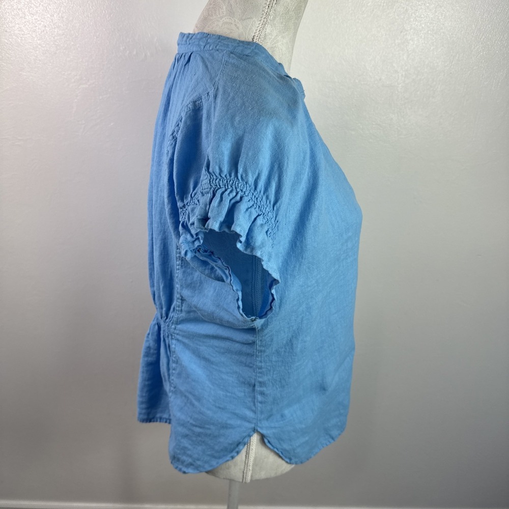 Pilcro Women's Fitted XL SS Ruffle Linen Popover Blouse Blue EUC - Picture 7 of 13